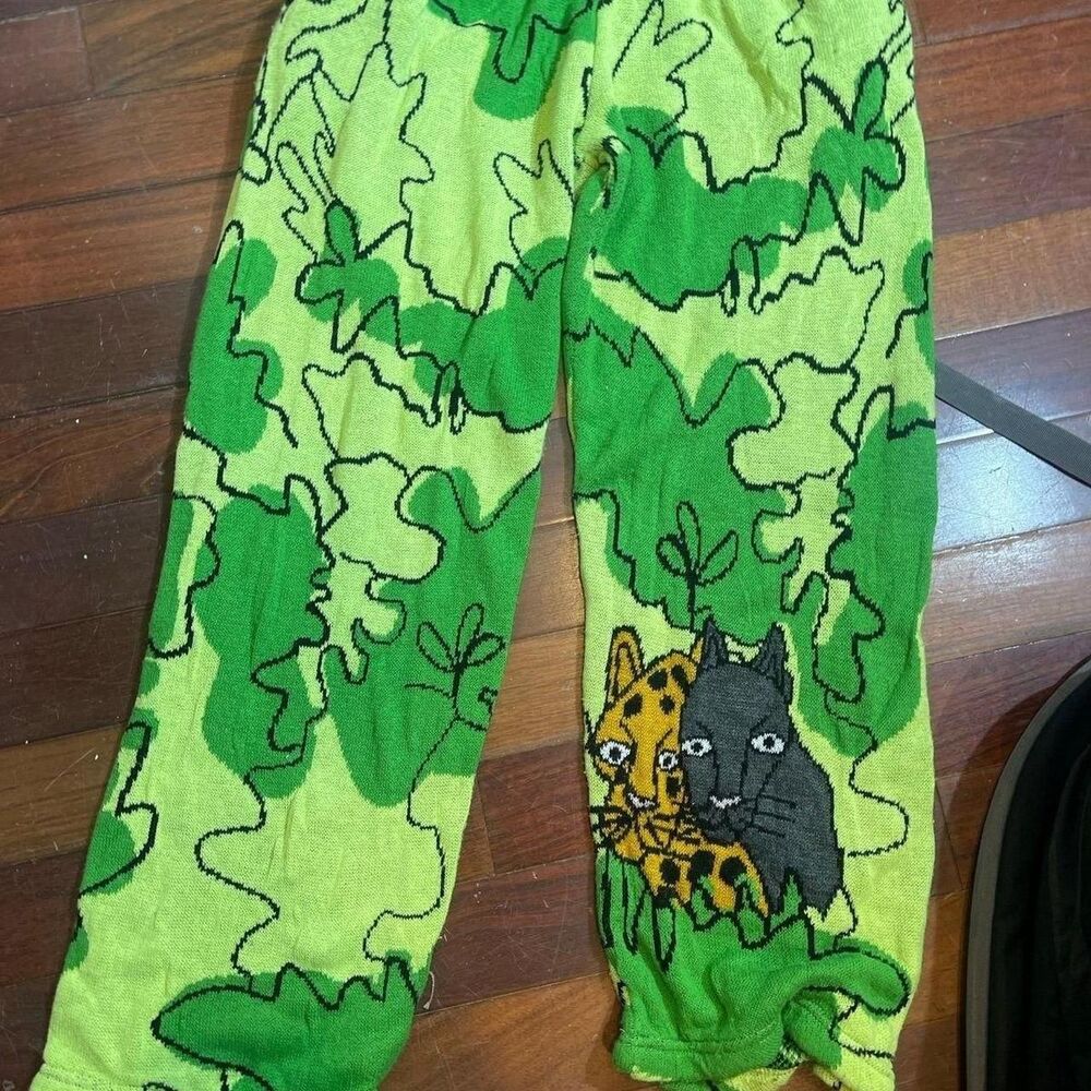 Atemporal Funky Motor Jungle Knit Pants - Green Leopard Graphic - Large